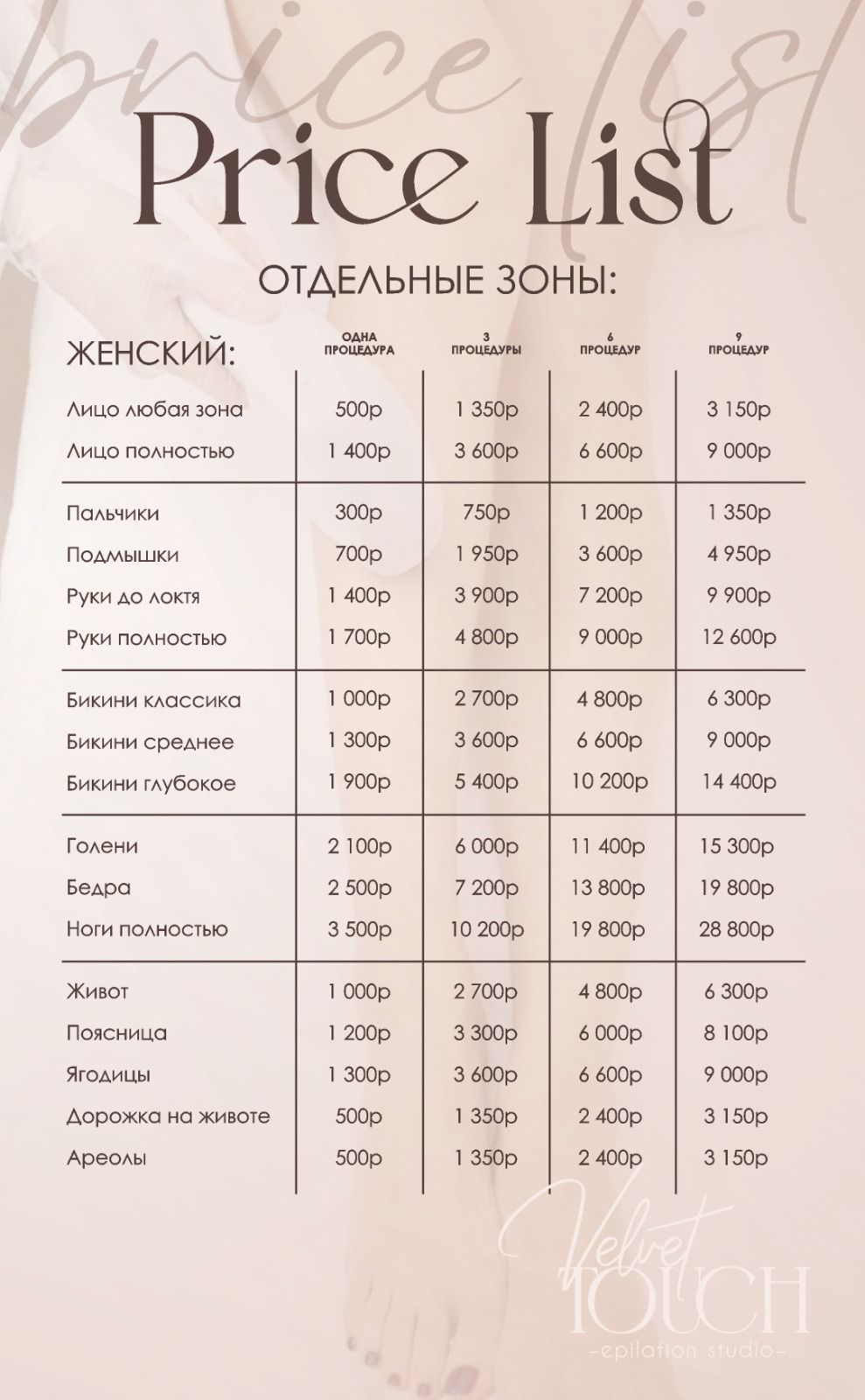 Прайс — женский (отдельные зоны)